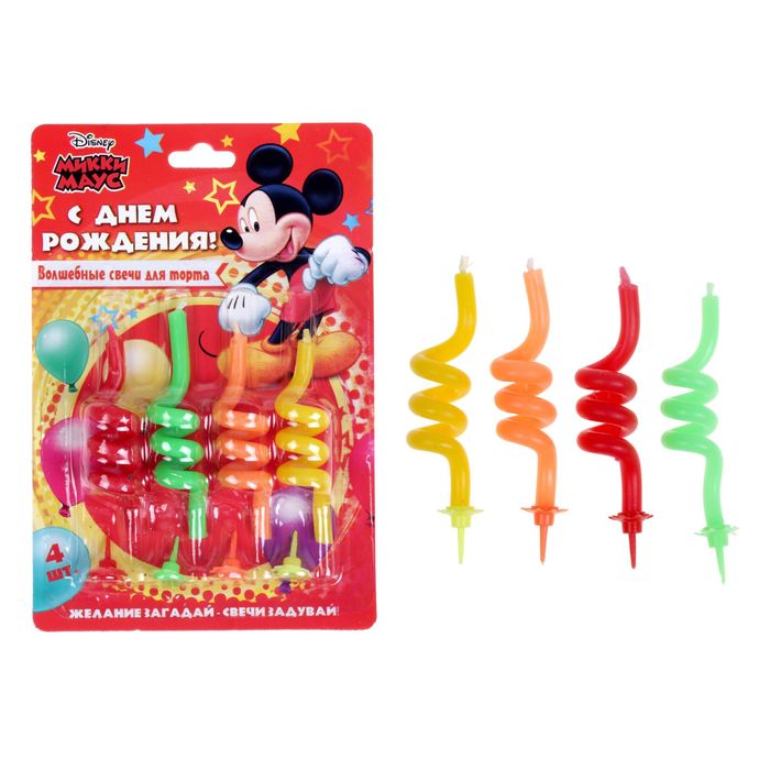 Свеча в торт Дисней," С днем рождения", Микки Маус, полоска, 4 шт