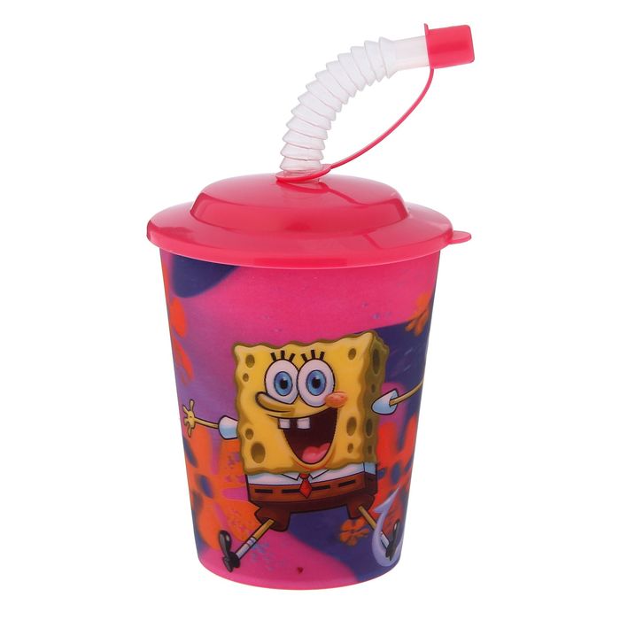 Бокал 3D 400 мл "Губка Боб", с крышкой и трубочкой, цвет розовый