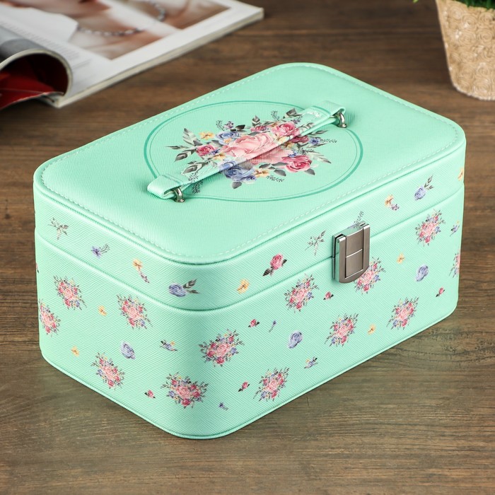 Шкатулка кожзам для украшений "Розы на нежно-зелёном" 11х22х14,5 см