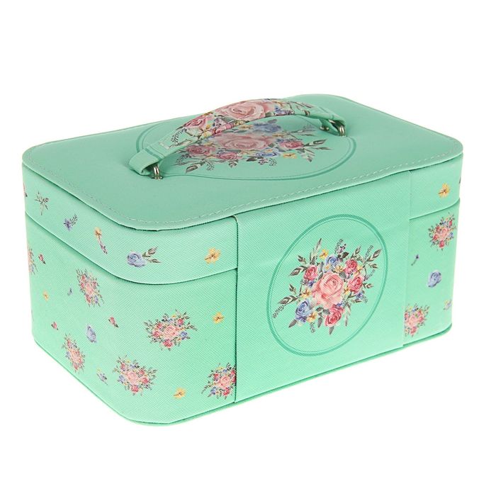 Шкатулка кожзам для украшений "Розы на нежно-зелёном" 11х22х14,5 см