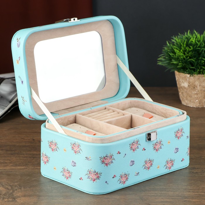 Шкатулка кожзам для украшений "Розы на нежно-голубом" 11х22х14,5 см