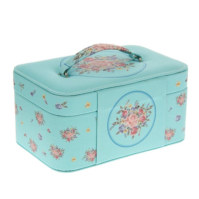 Шкатулка кожзам для украшений "Розы на нежно-голубом" 11х22х14,5 см