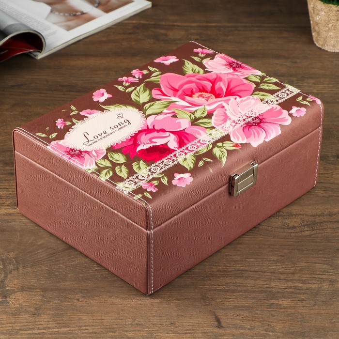 Шкатулка кожзам для украшений "Пышные цветы. Любимая песня" шоколад 10,5х25,5х19 см