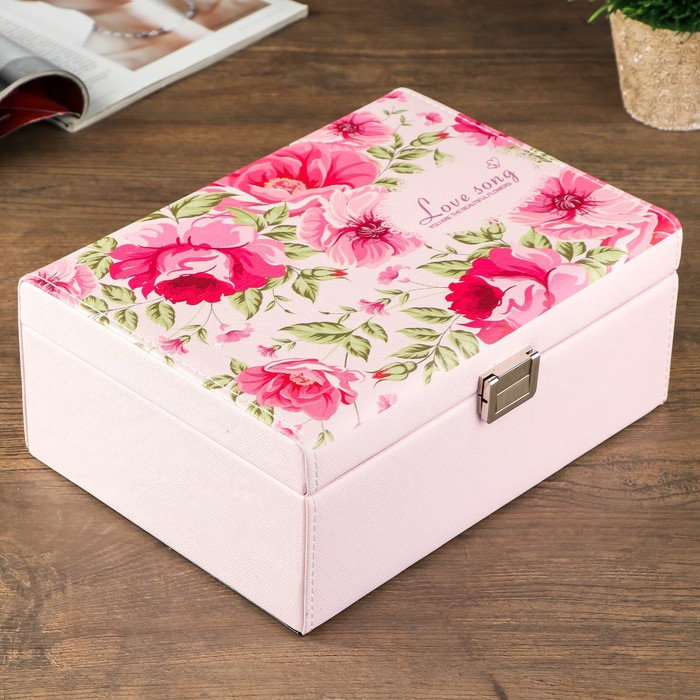 Шкатулка кожзам для украшений "Пышные цветы. Любимая песня" светло-розовый 10,5х25,5х19 см