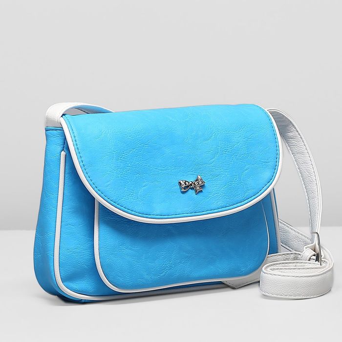 Сумка женская на молнии, 1 отдел, наружный карман, длинный ремень, цвет голубой/белый