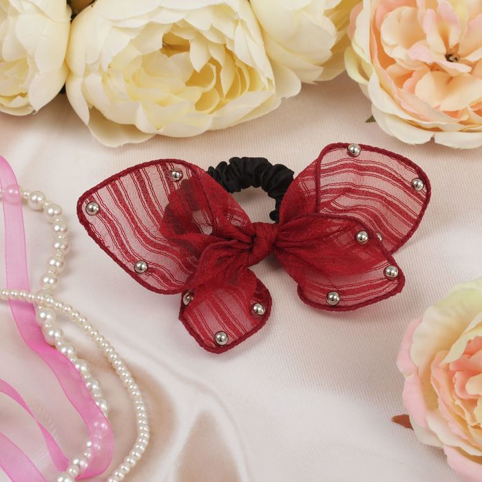 Бант для девочек "Ария", полоса, бордо, жемчуг