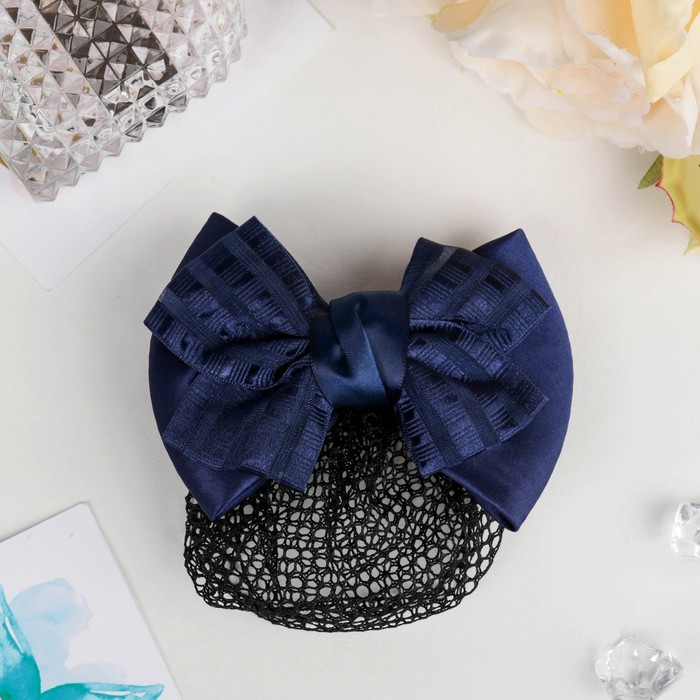 Заколка-автомат с сеточкой для пучка "Бантик" синий, полосы