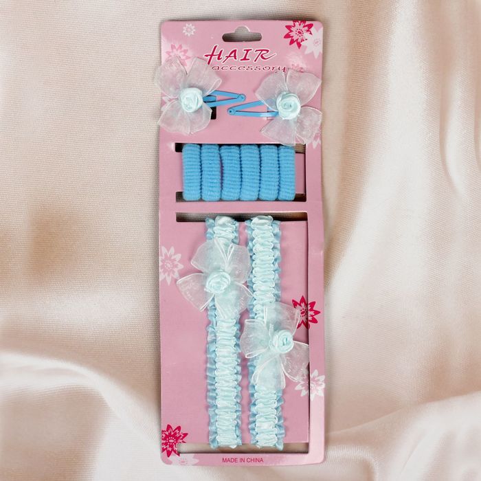 Набор для волос "Женечка" (2 заколки, 2 повязки, 6 резинок), голубой бантик, розочка