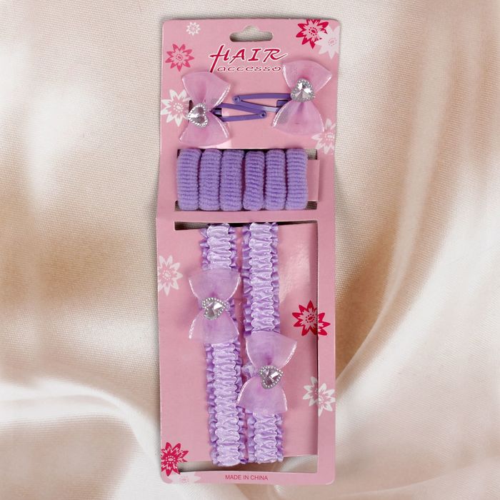 Набор для волос "Женечка" (2 заколки, 2 повязки, 6 резинок), сиреневый бантик, сердечко