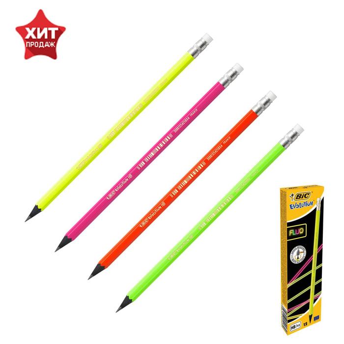 

Карандаш чернографитный (простой) НВ, BIC Evolution Fluo, заточенный, пластиковый, с ластиком, шестигранный, неоновые цвета корпуса