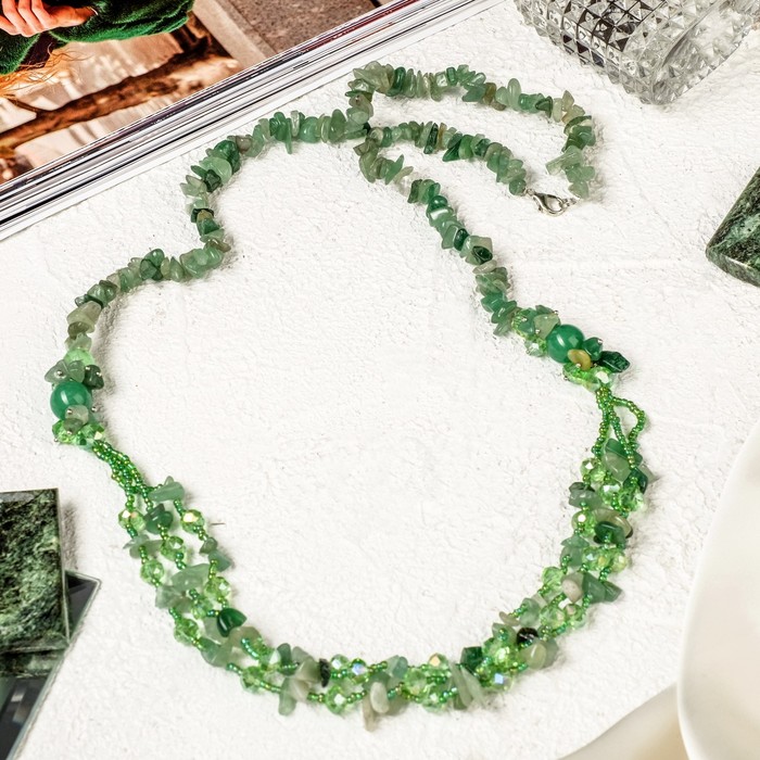Бусы 3 нити с хрусталём "Нефрит" галтовка, 45см