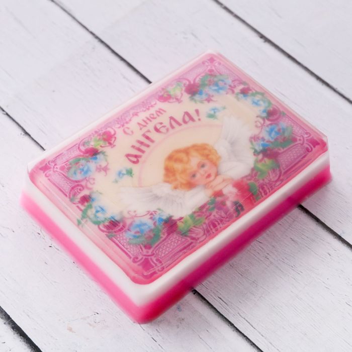 Мыло ручной работы с картинкой "С днем Ангела!", розовое 100 гр.