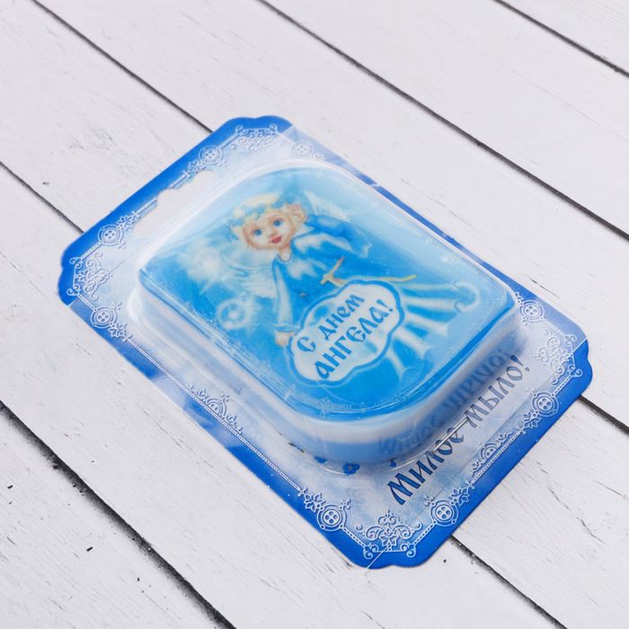 Мыло ручной работы с картинкой "С днем Ангела!", голубое 100 гр.