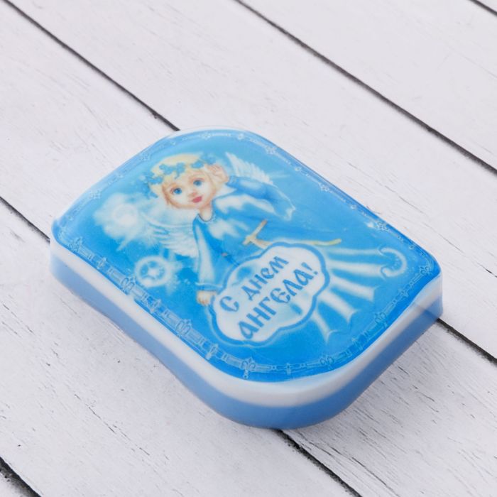 Мыло ручной работы с картинкой "С днем Ангела!", голубое 100 гр.