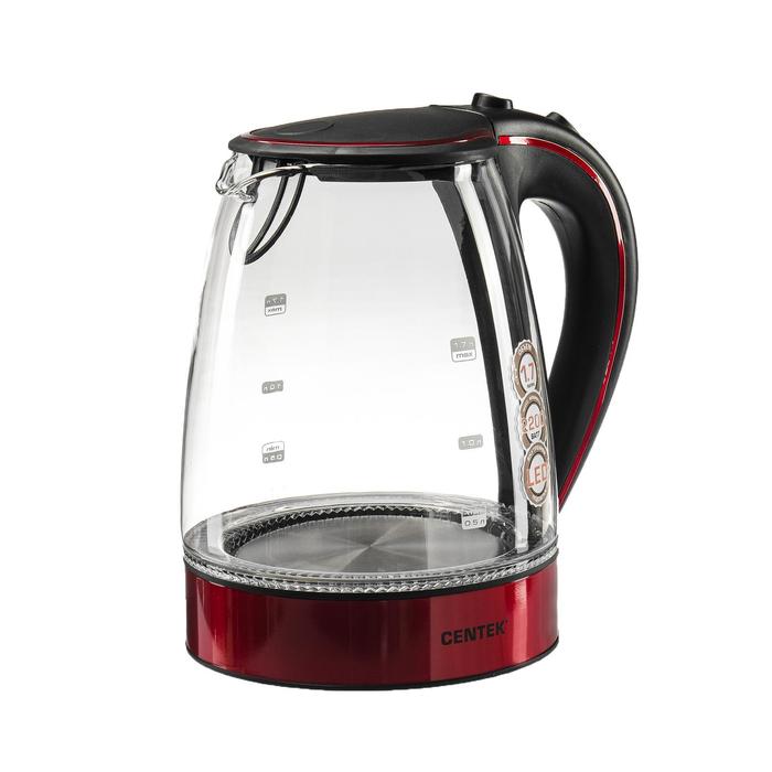 Чайник электрический Centek CT-1009 BLR, стекло, 1.7 л, 2200 Вт, подсветка, красно-черный