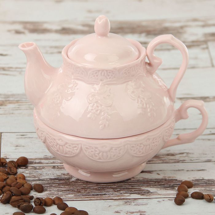 Набор чайный "Кружевная лоза", 2 предмета: чайник 200 мл, чашка 200 мл, цвет розовый