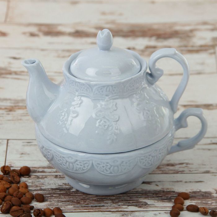 Набор чайный "Кружевная лоза" 380 мл, 2 предмета: чайник, чашка, цвет голубой