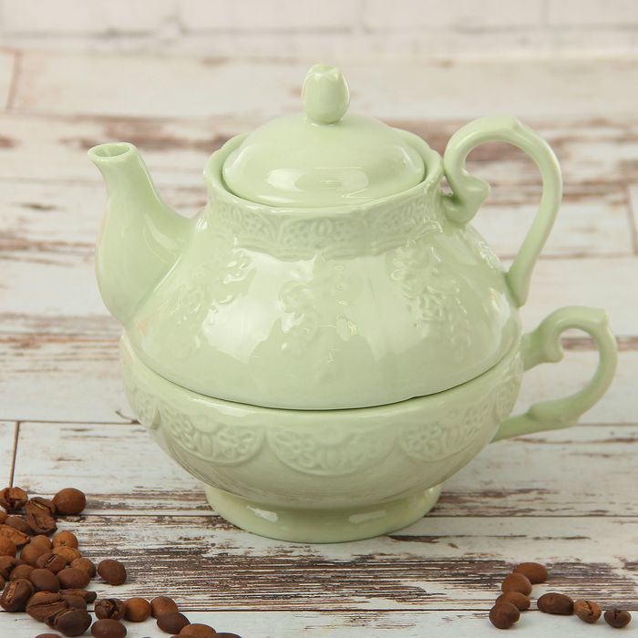 Набор чайный "Кружевная лоза" 380 мл, 2 предмета: чайник, чашка, цвет зеленый