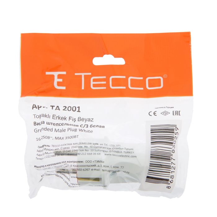 Вилка штепсельная Tecco, 16 А, 250 В, с з/к, белая