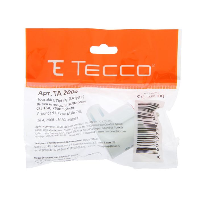 Вилка штепсельная Tecco, угловая,16 А, 250 В, с з/к, белая