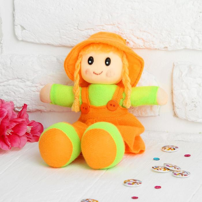 Мягкая игрушка Кукла с хвостиками, в сарафане, полосатой кофте, цвета МИКС