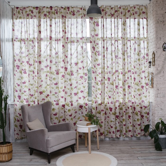 Штора портьерная "Этель" 145х280, Акварельные цветы, полулён, 15% лён, 85% п/э
