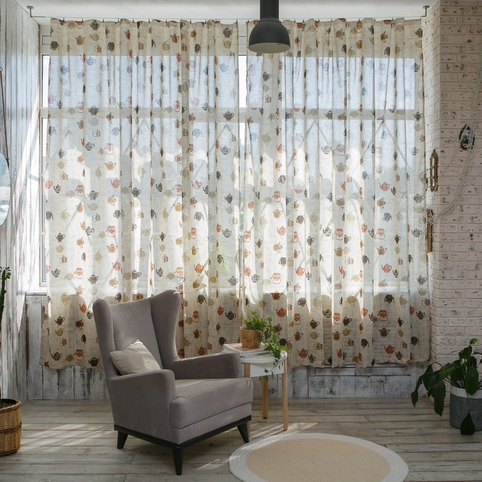 Штора портьерная "Этель" 290х260, Чайники, полулён, 15% лён, 85% п/э
