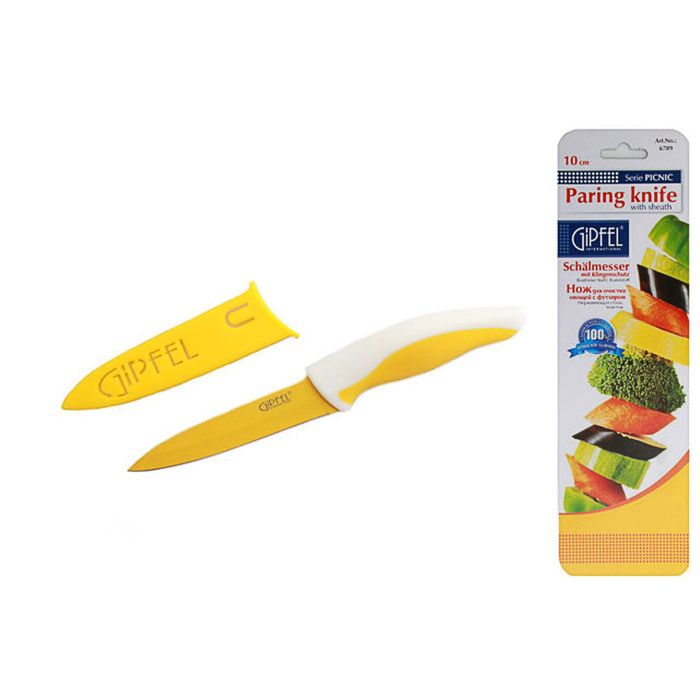 Нож универсальный Gipfel Picnic, желтый в пластиковом чехле, 10 см