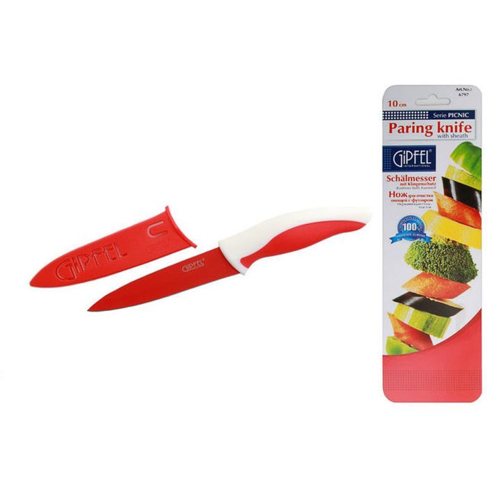 Нож универсальный Gipfel Picnic, красный в пластиковом чехле, 10 см
