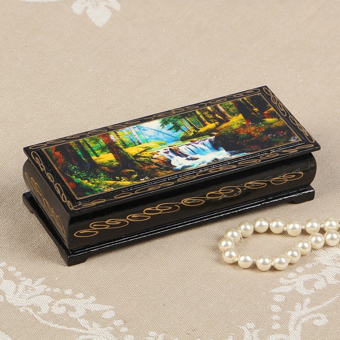 Шкатулка «Лесной водопад», 14×6 см, лаковая миниатюра