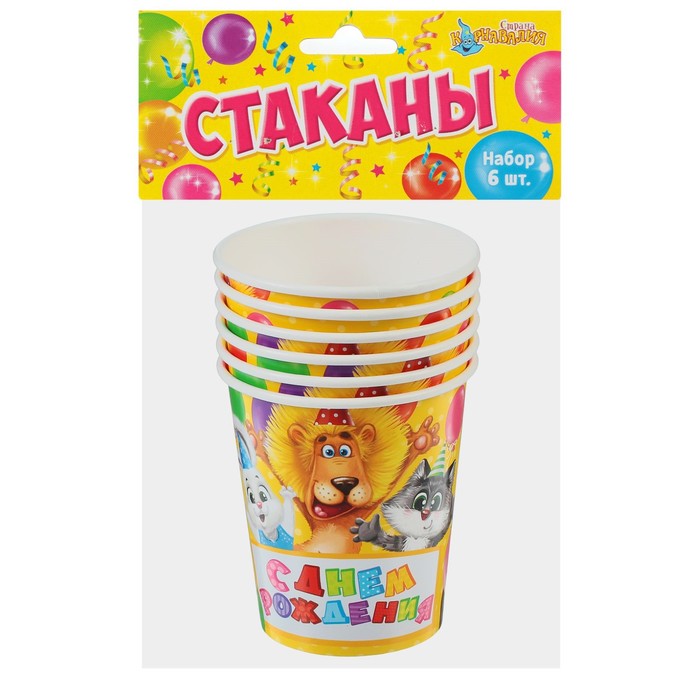 Набор бумажных стаканов "С Днём Рождения", весёлая компания, 250 мл, 6 шт.