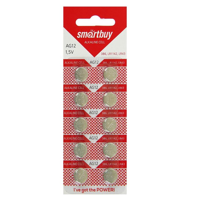 Батарейка алкалиновая Smartbuy, AG12 (386, LR1142, LR43)-10BL, блистер, 10 шт.