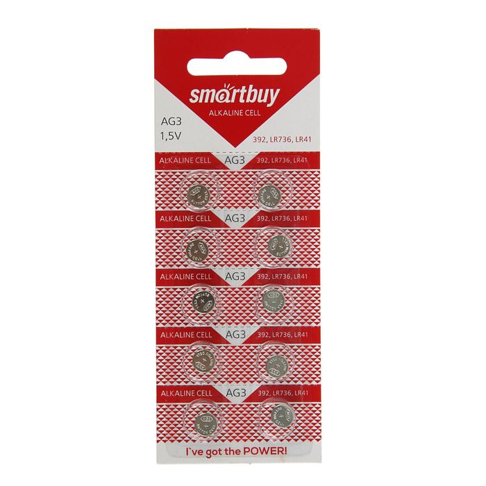 Батарейка алкалиновая Smartbuy, AG3 (392, LR736, LR41)-10BL, блистер, 10 шт.