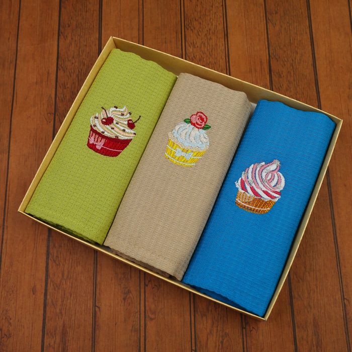 Набор вафельных полотенец "Доляна" Капкейки - 40х70 см - 3 шт., 100% хл, 150 гр/м²