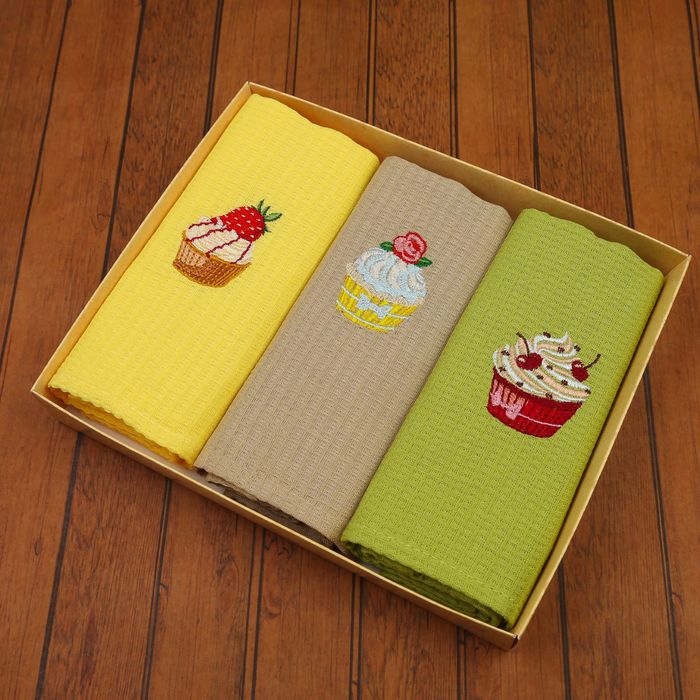 Набор вафельных полотенец "Доляна" Капкейки - 40х70 см - 3 шт., 100% хл, 150 гр/м²