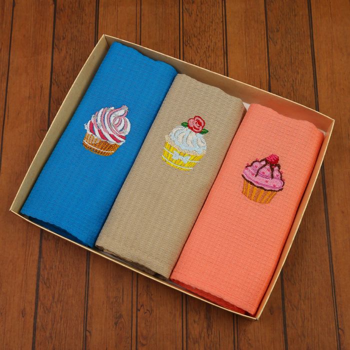 Набор вафельных полотенец "Доляна" Капкейки - 40х70 см - 3 шт., 100% хл, 150 гр/м²