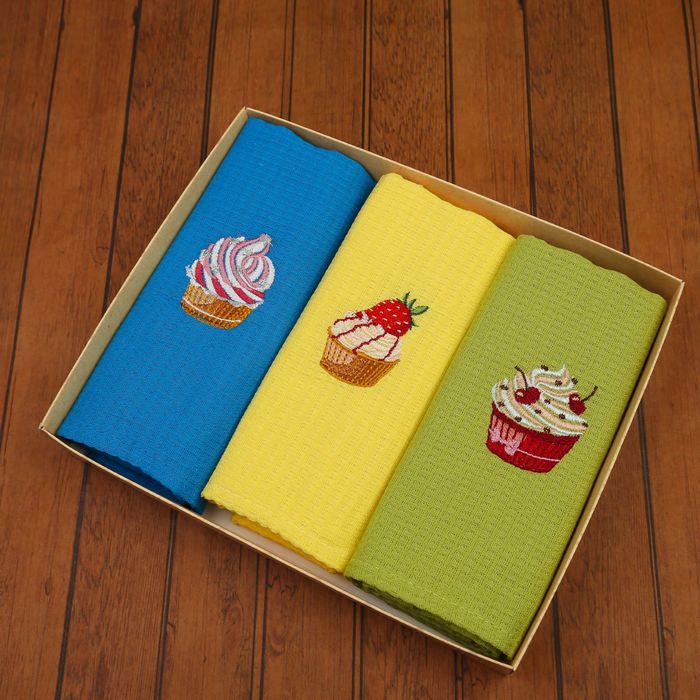 Набор вафельных полотенец "Доляна" Капкейки - 40х70 см - 3 шт., 100% хл, 150 гр/м²