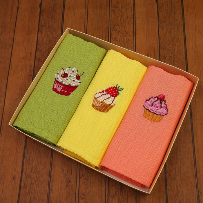 Набор вафельных полотенец "Доляна" Капкейки - 40х70 см - 3 шт., 100% хл, 150 гр/м²
