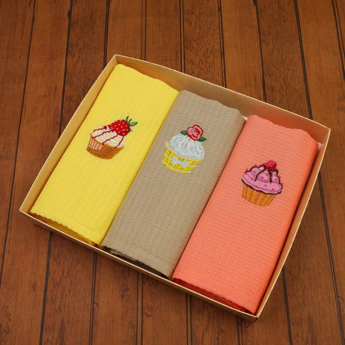 Набор вафельных полотенец "Доляна" Капкейки - 40х70 см - 3 шт., 100% хл, 150 гр/м²