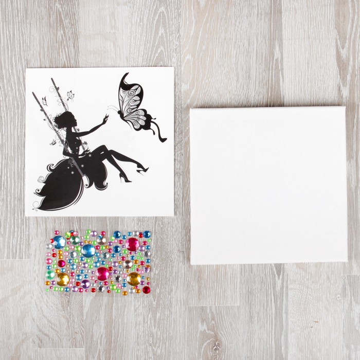Аппликация наклейками и стразами на холсте "Девушка и бабочка"