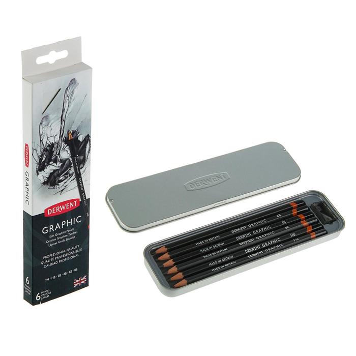 Карандаш художественный ч/г набор Derwent Graphic 6шт разн тв 2H-8B+точ,мет.упак 700835