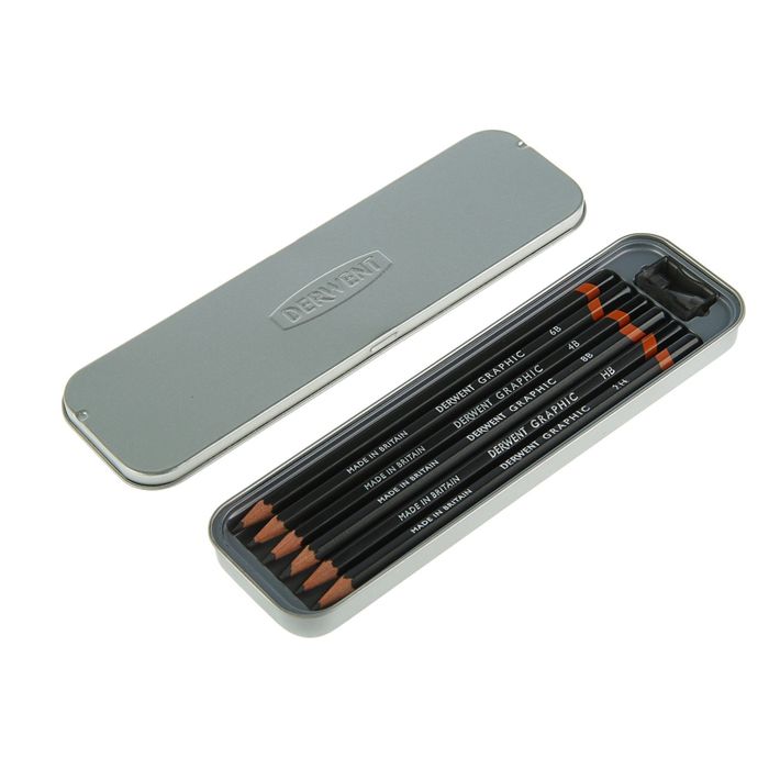 Карандаш художественный ч/г набор Derwent Graphic 6шт разн тв 2H-8B+точ,мет.упак 700835