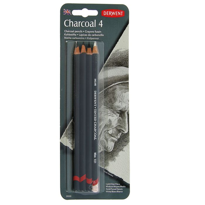 Уголь натуральный в карандаше Derwent Charcoal набор 4шт: тем, сред, св + паст.кар  бл 39000