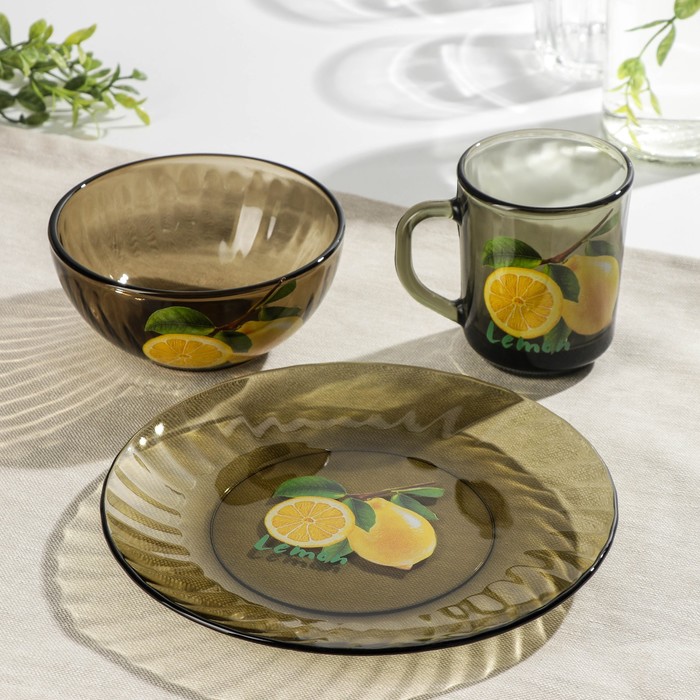 фото Набор для завтрака «лимон», 3 предмета: тарелка d=20,5 см, миска 510 мл, кружка 210 мл, цвет дымка gidglass