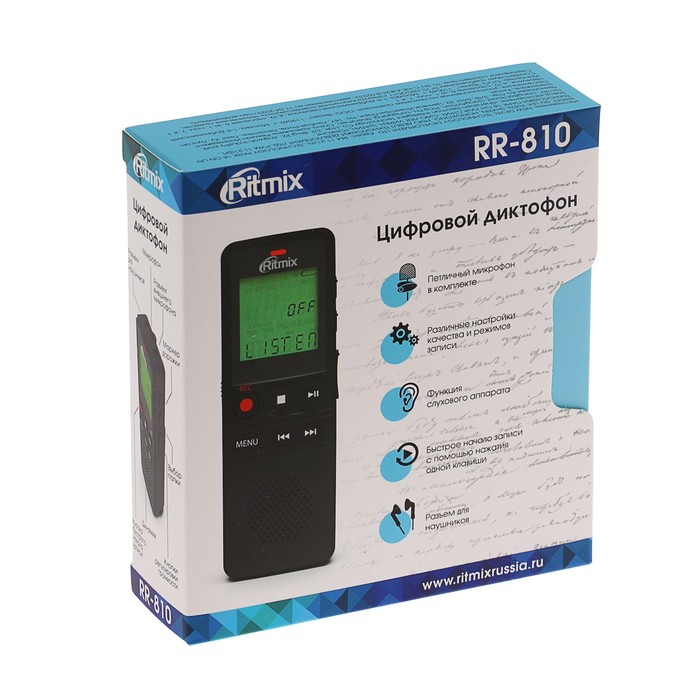 Диктофон RITMIX RR-810 8Gb Black, MP3, микрофон, дисплей, чехол, ремешок