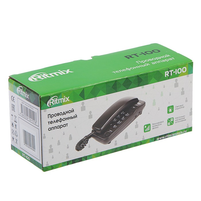 Проводной телефон RITMIX RT-100, настольно-настенный, Hi-Low, световой индикацией, черный