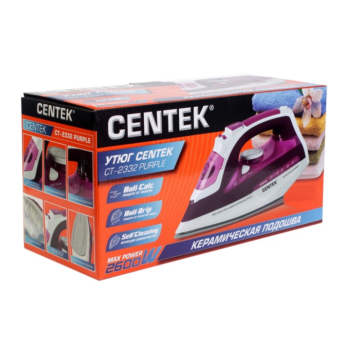 Утюг Centek CT-2332, 2600 Вт, 380 мл, керам., капля-стоп, антинак., самоочист., пурпурный