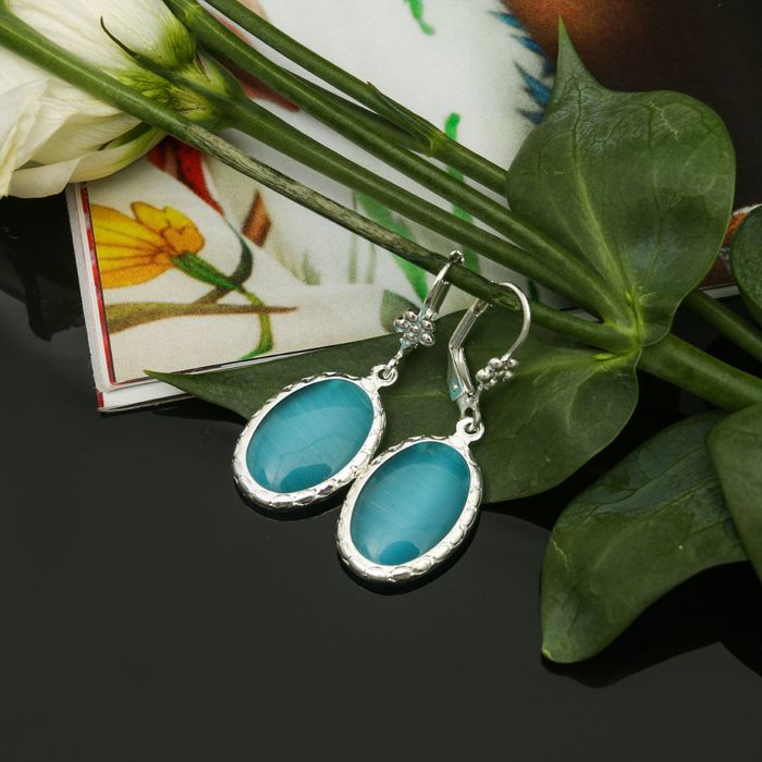 Серьги мини "Кошачий глаз" овал, цвет голубой