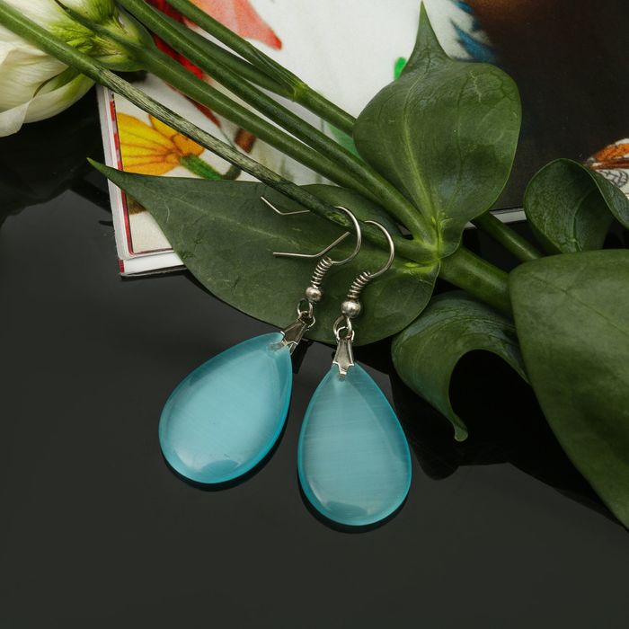 Серьги мини "Кошачий глаз" капля, цвет голубой