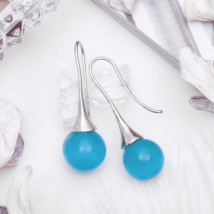 Серьги мини "Кошачий глаз" шарик, цвет голубой